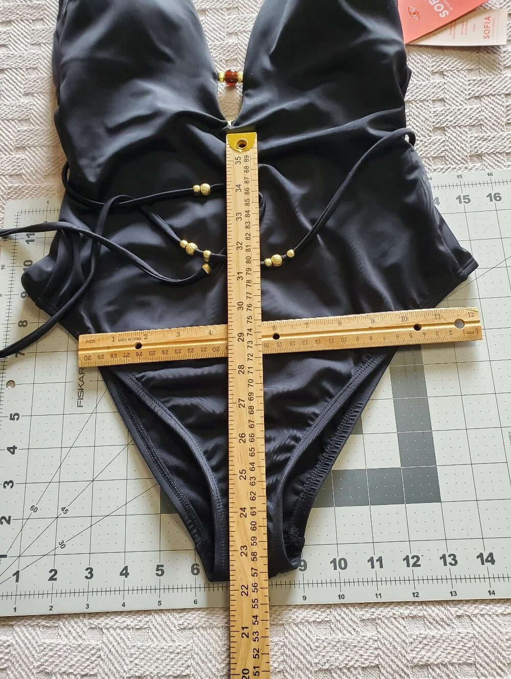 NWT Sofia by Sofia Vergara Black Plunge One Piece Swimsuit Belted